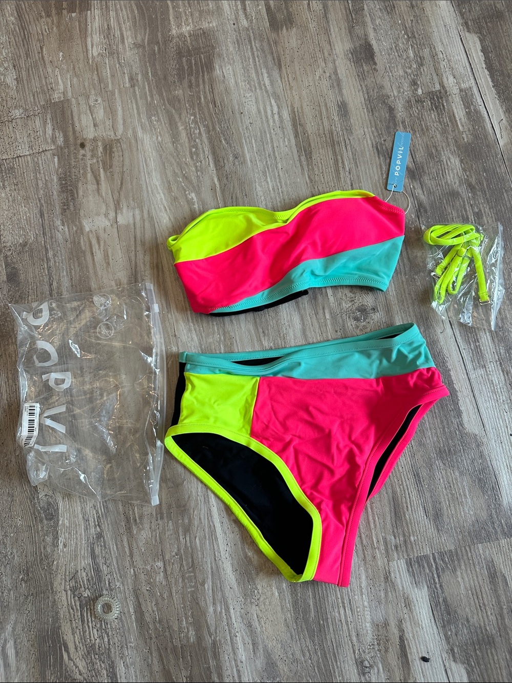 Popvil Medium Colorblock Neon Bikini Set - Pink, Lime & Aqua NWT